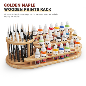 The wooden paintbrush organizer holds multiple paintbrushes and acrylic paints.