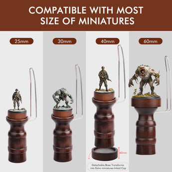 Miniature painting handle compatible with 25mm, 30mm, 40mm, 60mm figures; detachable base for larger models.