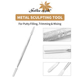 GoldenMaple metal sculpting tool for putty filling, trimming & mixing, with detailed views of its textured grip & double ends.