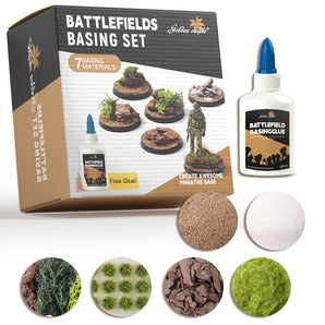 The miniature battlefield scene model kit include glue, battlefield grass, swamp bushes, shrubs, battlefield terrain, battlefield snow, and battlefield rocks.