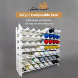Golden Maple acrylic composable rack, lightweight and durable, filled with various model paint dropper bottles.