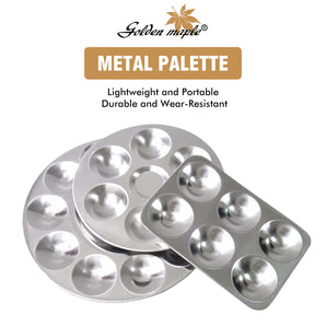 Lightweight, durable metal travel palettes: round & rectangular mixing wells for watercolor, acrylic, oil paints.