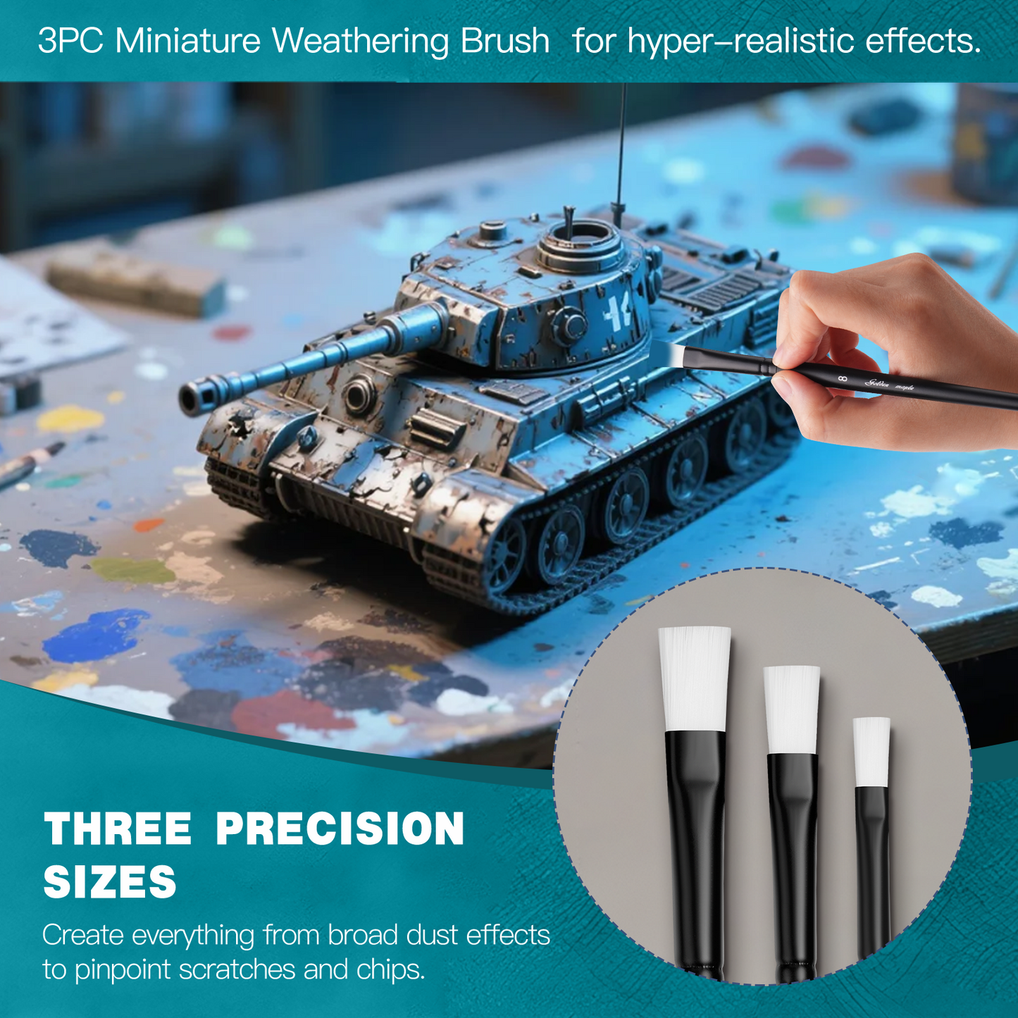 Golden Maple Weathering Flat Synthetic Brush set ,3 Sizes Weathering   Brushes, Multipurpose, for Advanced & Professional Art, Tabletop & Wargames Miniature Watercolor Oil Painting