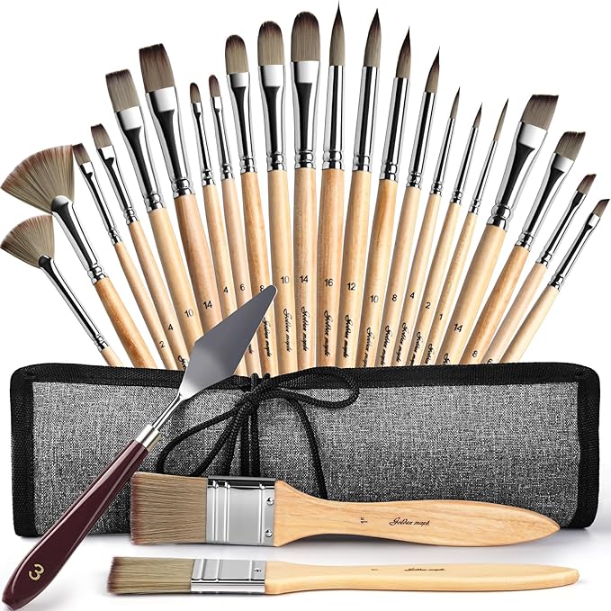 Enhanced Synthetic Paint Brush Set 25pcs Acrylic Oil Watercolor Cloth Roll & Palette Knife