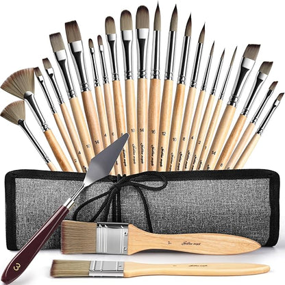 25PCS Paint Brushes for Acrylic Painting Oil Watercolor & Canvas,Enhanced Synthetic Brush Set with Cloth Roll and Palette Knife