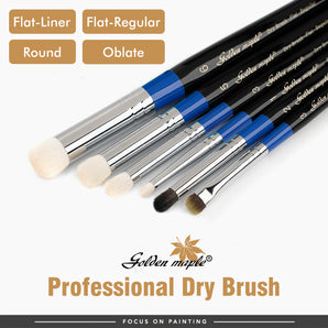 Professional dry brush set featuring flat-liner, flat-regular, round, and oblate shapes for miniature painting.