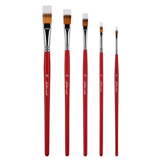 Golden Maple 5PCS Long Flat Brush Set With Premium Nylon Hair Red Wood Handle For Oil Painting Acrylic Painting