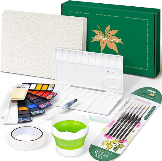 Goldenmaple & Seema Bisht Beginning Watercolor Kit (Iniciante-brush+Beginner-hezi+SCYL-25S+ZDXBT+SCTSP+MWJ24mm+Beginner-BOX+Watercolor paper+LLZ+tiezhi+MFD)