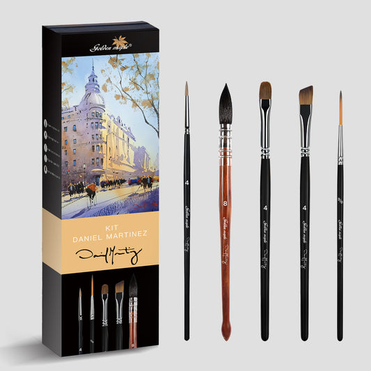 Goldenmaple & Daniel Martinez Professional Watercolor Brush set (DANIEL-fengtao+DANIEL-liner-GM+Squirrel-8-DANIEL+DANIEL-angle-GM+DANIEL-round-GM+DANIEL-filbert-GM+DLZ-BOX-TIANDIGAI)