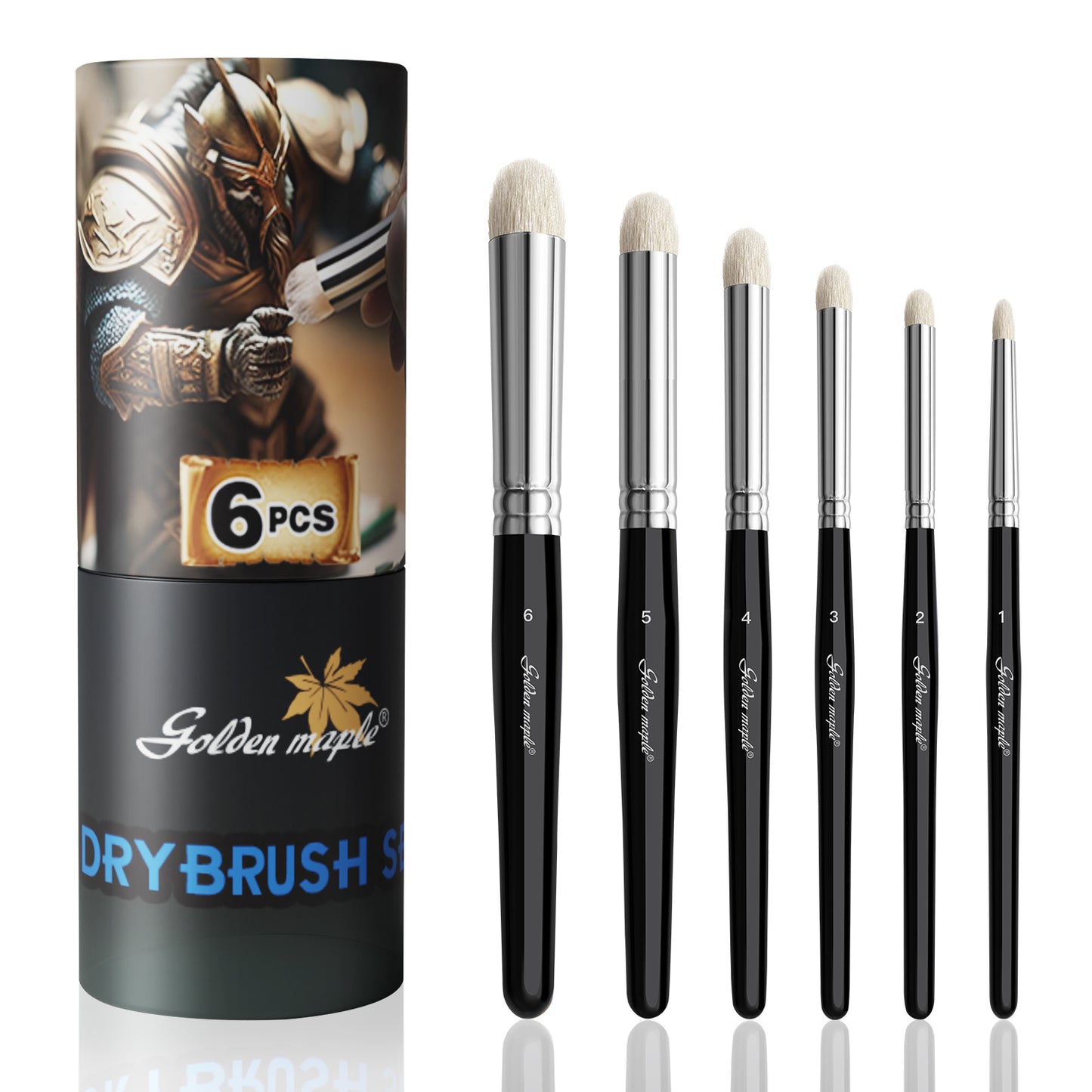 Golden Maple Dry Brushes Miniature Painting Drybrush Set 6PCS Premium Wool Hair