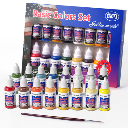 Golden Maple Basic Color Miniature Paints Set - 16 x 20ml Basic Colors Miniature Painting Kit, with 1 Fine Detail Paintbrush, Acrylic Model Paint Set for Miniature Painting