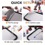 Quick Setup tutorial for artist wet palette: wetting the sponge, adding paper, and applying acrylic paint.