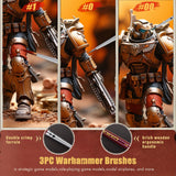 3PC Warhammer Miniature Detail Brushes for model painting: #1, #0, #00 sizes with double crimp ferrule, birch wooden ergonomic handle.
