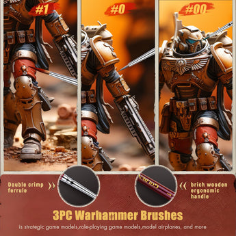 3PC Warhammer Miniature Detail Brushes for model painting: #1, #0, #00 sizes with double crimp ferrule, birch wooden ergonomic handle.