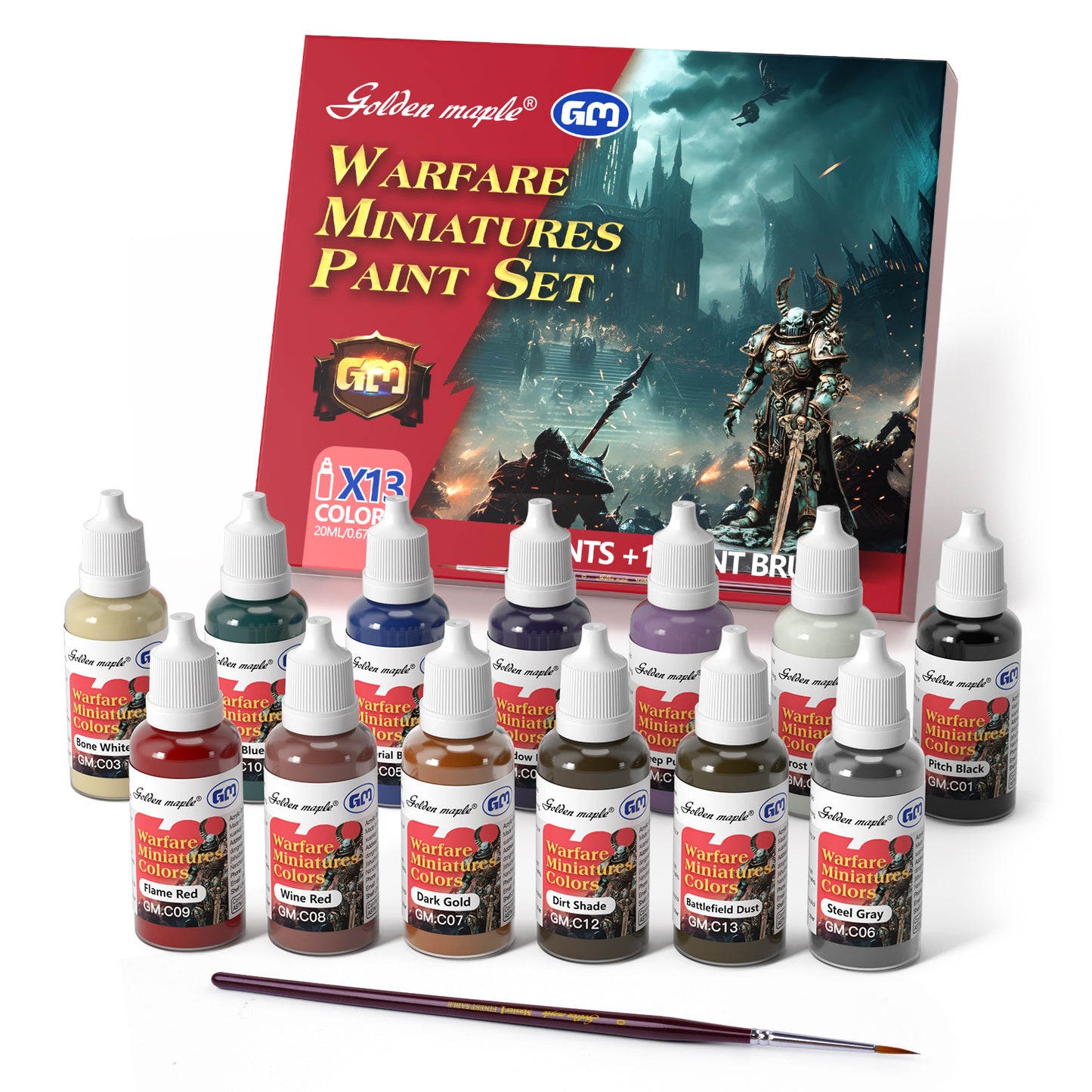 Golden Maple Miniature Paints Set - 13 x  20ml Game Colors Miniature Painting Kit, with 1 Kolinsky Paintbrush, Acrylic Model Paint Set for 40k Warefare