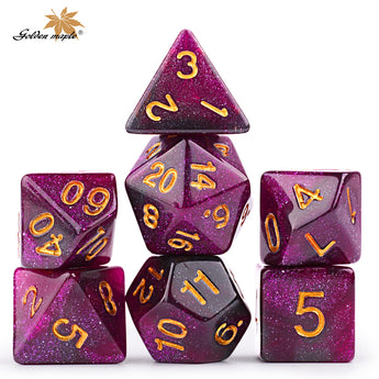 Purple polyhedral dice set.
