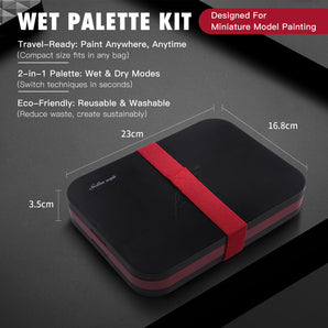 Portable wet palette kit for miniature painting, 2-in-1 wet & dry modes, reusable, compact travel size, with dimensions listed.