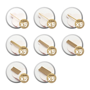 Grid showing copper rod diameters from 0.2mm to 3.0mm, each in 5-piece sets.