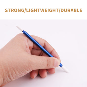 Hand holding a blue double-ended cleaning stick, emphasizing its strong, lightweight, and durable construction.