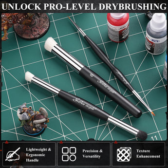 Ergonomic drybrushing and detailing tools on a cutting mat, perfect for texture enhancement and versatility.