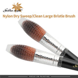 Large cleaning brushes with protective mesh caps to maintain the shape of nylon round and flat bristle tips.