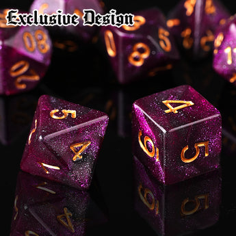 Purple polyhedral dices.