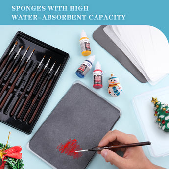 Synthetic detail brushes set, vibrant Game Color acrylic paints & high water-absorbent painting sponges.