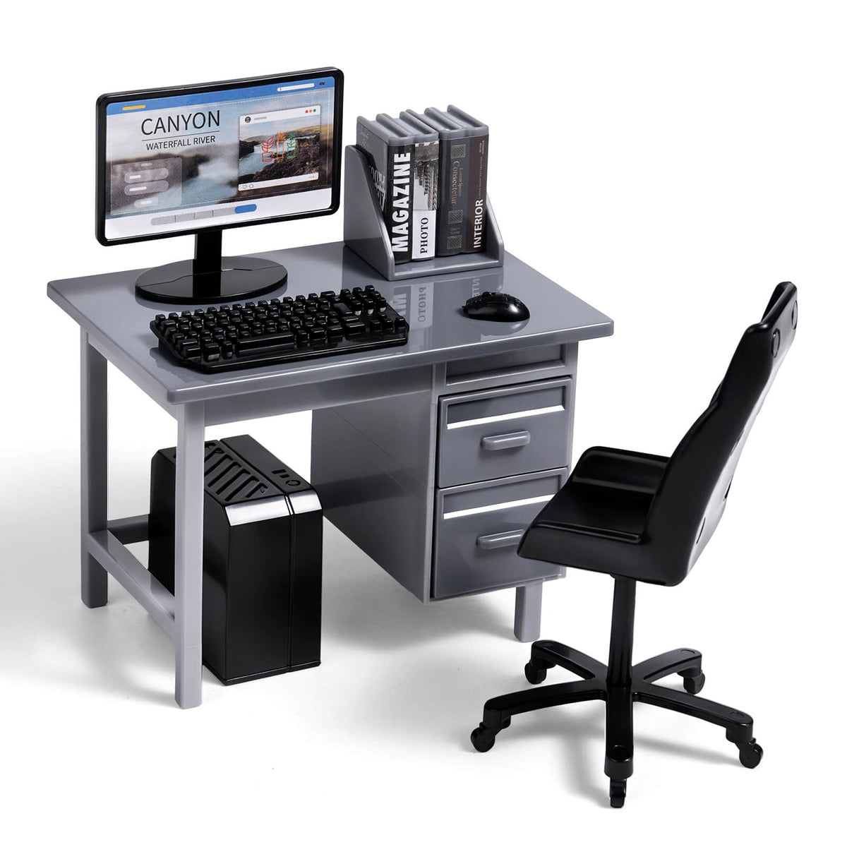 Miniature Office Desk Set – Computer Table Chair Monitor & Accessories Diorama Display