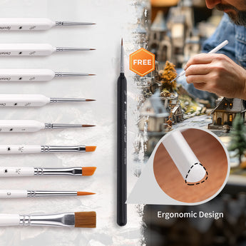 10-piece miniature brush set featuring Kolinsky Sable detail brushes and ergonomic triangular handles for hobbyists.