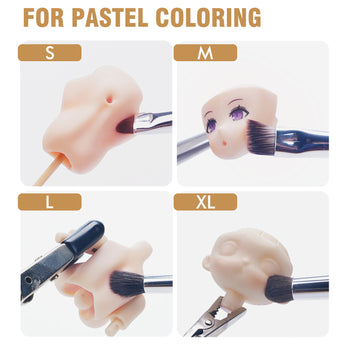 Golden Maple pastel brushes (S, M, L, XL) used for pastel coloring on doll & figure heads.
