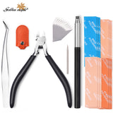 The miniature craft tool set includes: model nipper, pencil knife, spare blades, stainless steel scribing needle, spare blades, curved tweezers, and protective sheath.