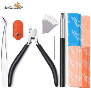 The miniature craft tool set includes: model nipper, pencil knife, spare blades, stainless steel scribing needle, spare blades, curved tweezers, and protective sheath.