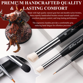 Handcrafted goat hair drybrushes and a nylon detail brush for painting miniatures with ergonomic handles.