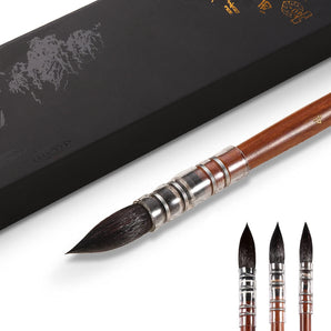 Squirrel Hair Watercolor Calligraphy Brush set with pointed tips, natural wood handles, and a black gift box.