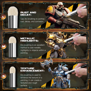 3pcs Dry Brush Set for miniature painting. Large for rust, medium for metallic highlights & small for texture enhancement.