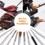 Versatile miniature brush set used for basecoating, drybrushing, and fine detailing on wargaming models.