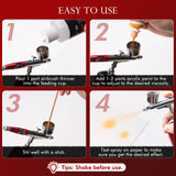 Airbrush setup guide: Mixing airbrush thinner with acrylic paint, stirring, and test spraying on paper for optimal results.