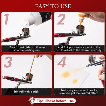 Airbrush setup guide: Mixing airbrush thinner with acrylic paint, stirring, and test spraying on paper for optimal results.
