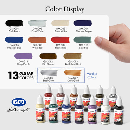 Golden Maple Miniature Paints Set - 13 x  20ml Game Colors Miniature Painting Kit, with 1 Kolinsky Paintbrush, Acrylic Model Paint Set for 40k Warefare