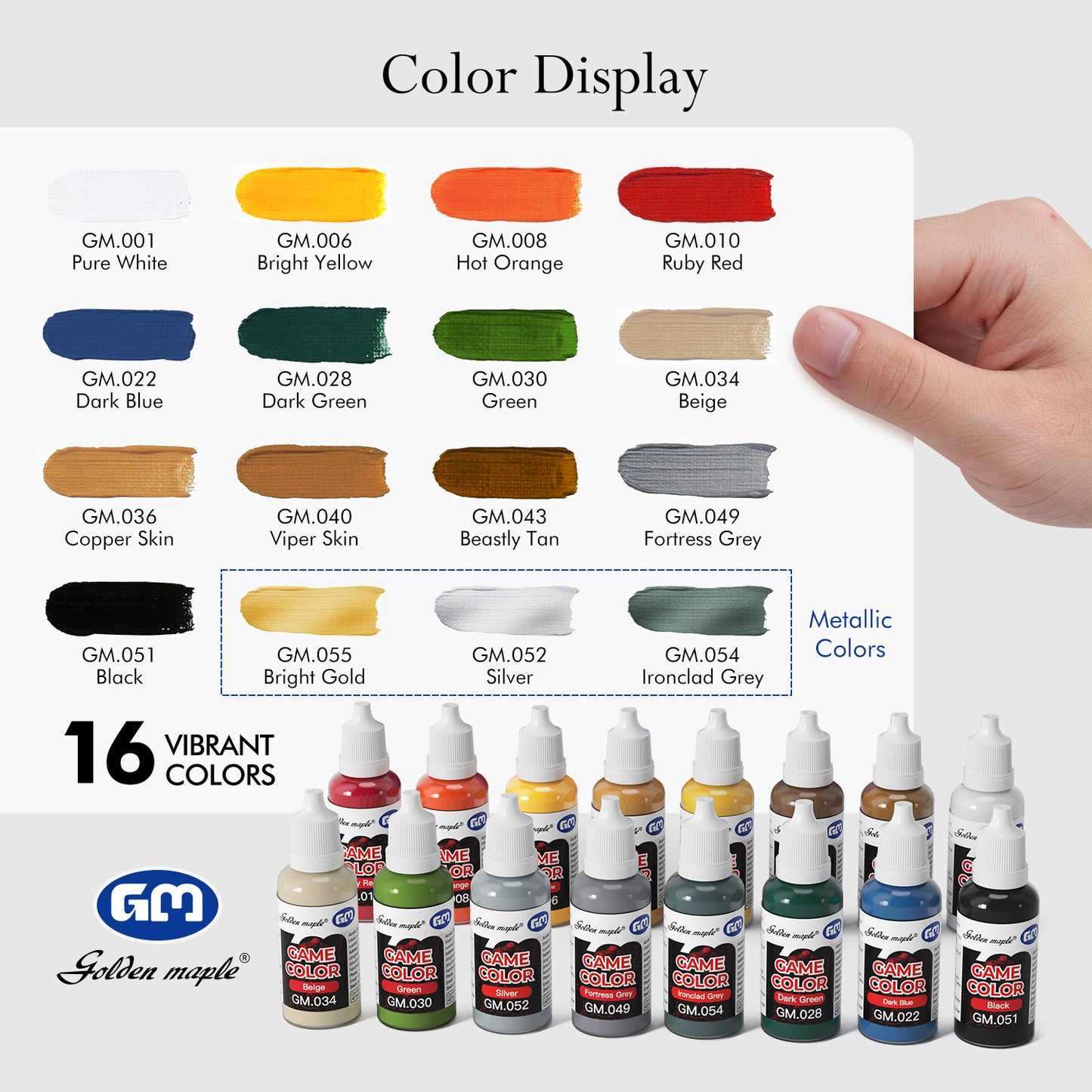 Golden Maple Paints Set 16 x 20ml Basic Colors Miniature Painting Kit, with 1 Fine Detail Paintbrush, Acrylic Model Paint Set for Miniature Painting