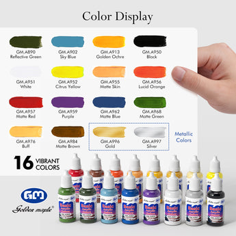 16 Vibrant Basic Acrylic Colors paint set, featuring color swatches including metallic Gold & Silver, and dropper bottles.