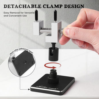 The miniature vise features a detachable clamp design for easy repositioning and includes a non-slip adhesive pad.