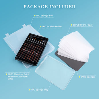 Wet Palette Kit includes 9 miniature paint brushes, 50 hydro paper sheets, storage box, brush holder, sponge tray & 2 sponges.