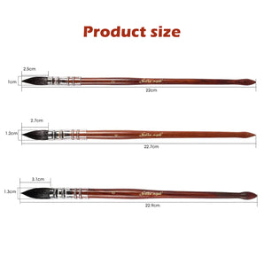 3pcs Squirrel Hair Watercolor Brushes Set with head & handle length dimensions.