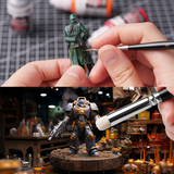 Kolinsky sable brushes are suitable for painting, while goat hair drybrushing brushes are used for highlighting and texture detailing.