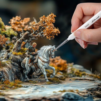 Painting a white horse miniature with a white ergonomic detail brush for ultra-fine precision and control.