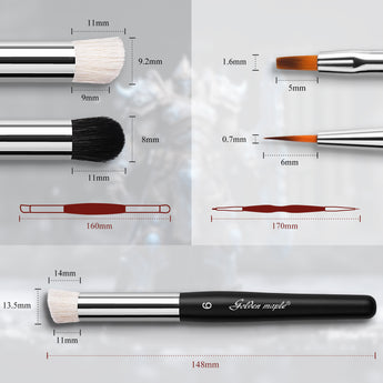 Technical specifications and dimensions for professional drybrushes and fine-point detail hobby brushes.