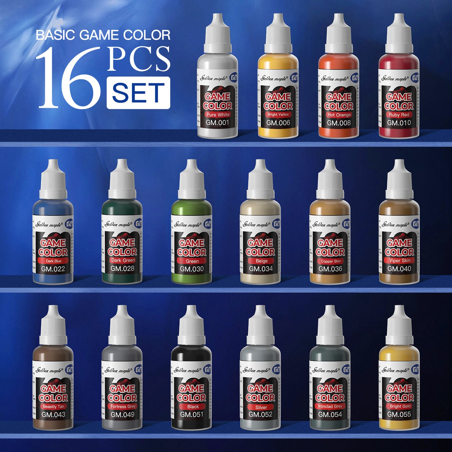 Golden Maple Paints Set 16 x 20ml Basic Colors Miniature Painting Kit, with 1 Fine Detail Paintbrush, Acrylic Model Paint Set for Miniature Painting