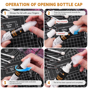 Steps for opening the cap of the masking fluid bottle.