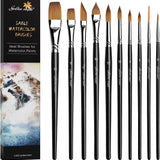 GoldenMaple 10pcs Sable Watercolor & Paint Brush Set: Fine Point Rounds, Dagger Striper, Filbert Wash, and Flats.